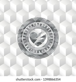 broken heart icon inside grey icon or emblem with geometric cube white background