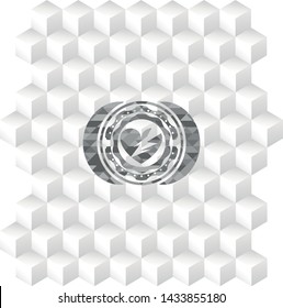 broken heart icon inside grey emblem. Vintage with geometric cube white background