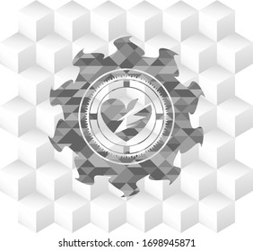 broken heart icon inside grey badge with geometric cube white background