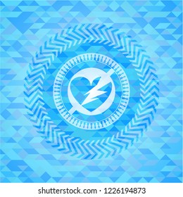 broken heart icon inside light blue emblem. Mosaic background
