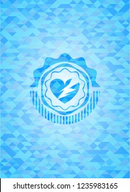 broken heart icon inside light blue emblem with triangle mosaic background