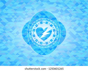 broken heart icon inside light blue emblem with mosaic ecological style background
