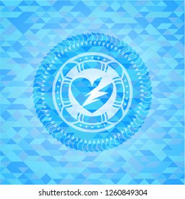 broken heart icon inside light blue emblem with mosaic ecological style background