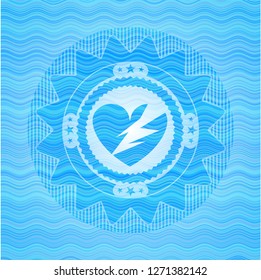 broken heart icon inside light blue water wave emblem background.