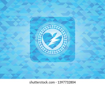 broken heart icon inside light blue emblem. Mosaic background