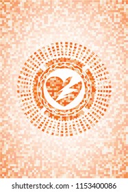 broken heart icon inside orange tile background illustration. Square geometric mosaic seamless pattern with emblem inside.