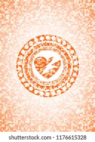 broken heart icon inside orange tile background illustration. Square geometric mosaic seamless pattern with emblem inside.