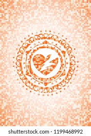 broken heart icon inside orange tile background illustration. Square geometric mosaic seamless pattern with emblem inside.
