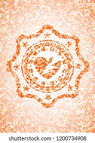 broken heart icon inside orange tile background illustration. Square geometric mosaic seamless pattern with emblem inside.