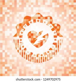 broken heart icon inside orange mosaic emblem with background