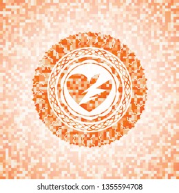 broken heart icon inside orange mosaic emblem