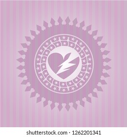 broken heart icon inside pink emblem. Retro