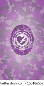 broken heart icon inside pink and purple camo emblem