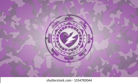 broken heart icon inside pink camouflaged emblem