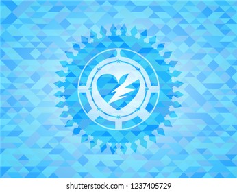 broken heart icon inside realistic sky blue mosaic emblem