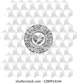 broken heart icon inside realistic grey emblem with geometric cube white background