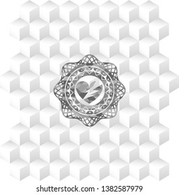 broken heart icon inside realistic grey emblem with geometric cube white background