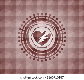 broken heart icon inside red seamless emblem or badge with geometric pattern background.