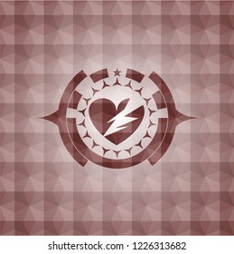 broken heart icon inside red geometric pattern emblem. Seamless.