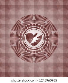 broken heart icon inside red emblem or badge with geometric pattern background. Seamless.