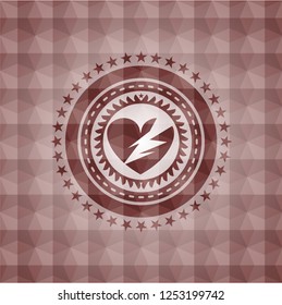 broken heart icon inside red emblem with geometric background. Seamless.