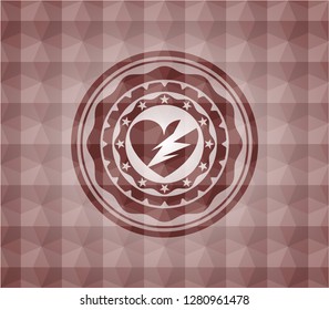 broken heart icon inside red seamless badge with geometric pattern background.