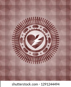 broken heart icon inside red seamless emblem with geometric background.