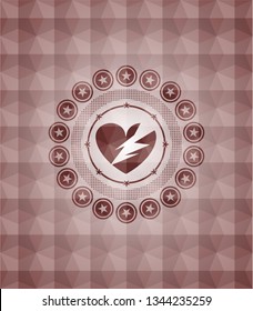 broken heart icon inside red seamless geometric badge.