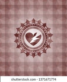 broken heart icon inside red seamless geometric badge.