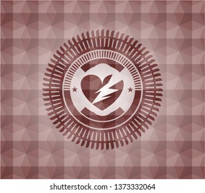 broken heart icon inside red emblem or badge with abstract geometric polygonal pattern background. Seamless.