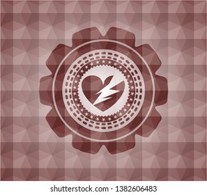 broken heart icon inside red geometric pattern emblem. Seamless.