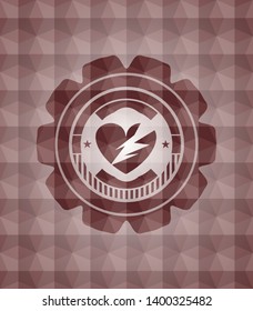 broken heart icon inside red seamless polygonal badge.