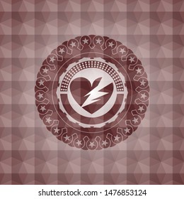 broken heart icon inside red seamless emblem with geometric background.