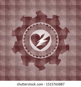 broken heart icon inside red emblem or badge with geometric pattern background. Seamless.