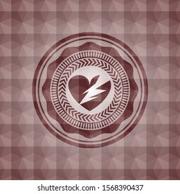 broken heart icon inside red emblem with geometric background. Seamless.