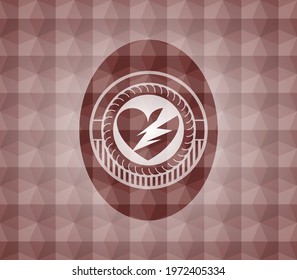 broken heart icon inside red seamless badge with geometric background. 