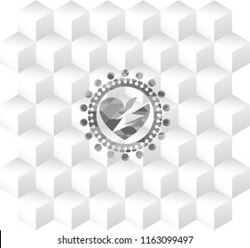 broken heart icon inside retro style grey emblem with geometric cube white background