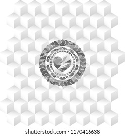 broken heart icon inside retro style grey emblem with geometric cube white background