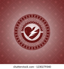 broken heart icon inside retro style red emblem