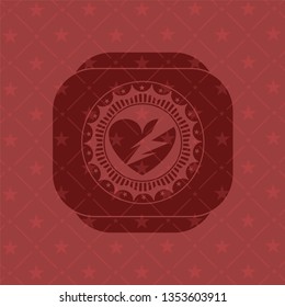 broken heart icon inside retro red emblem