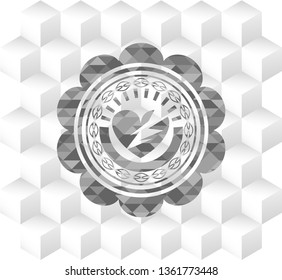 broken heart icon inside retro style grey emblem with geometric cube white background