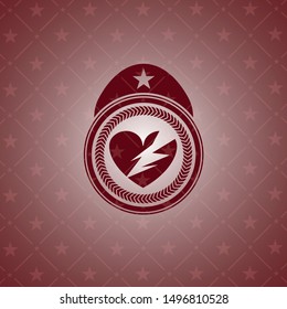 broken heart icon inside retro red emblem