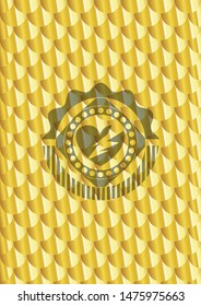 broken heart icon inside shiny golden emblem. Scales pattern. Vector Illustration. Detailed.