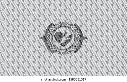 broken heart icon inside silver shiny badge. Scales pattern. Vector Illustration. Detailed.