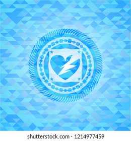 broken heart icon inside sky blue emblem with mosaic background