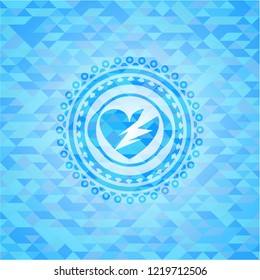 broken heart icon inside sky blue emblem. Mosaic background