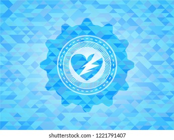 broken heart icon inside sky blue emblem with mosaic background