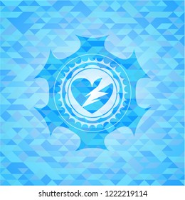 broken heart icon inside sky blue emblem. Mosaic background