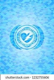 broken heart icon inside sky blue emblem. Mosaic background