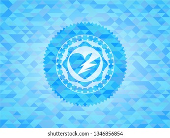 broken heart icon inside sky blue mosaic emblem
